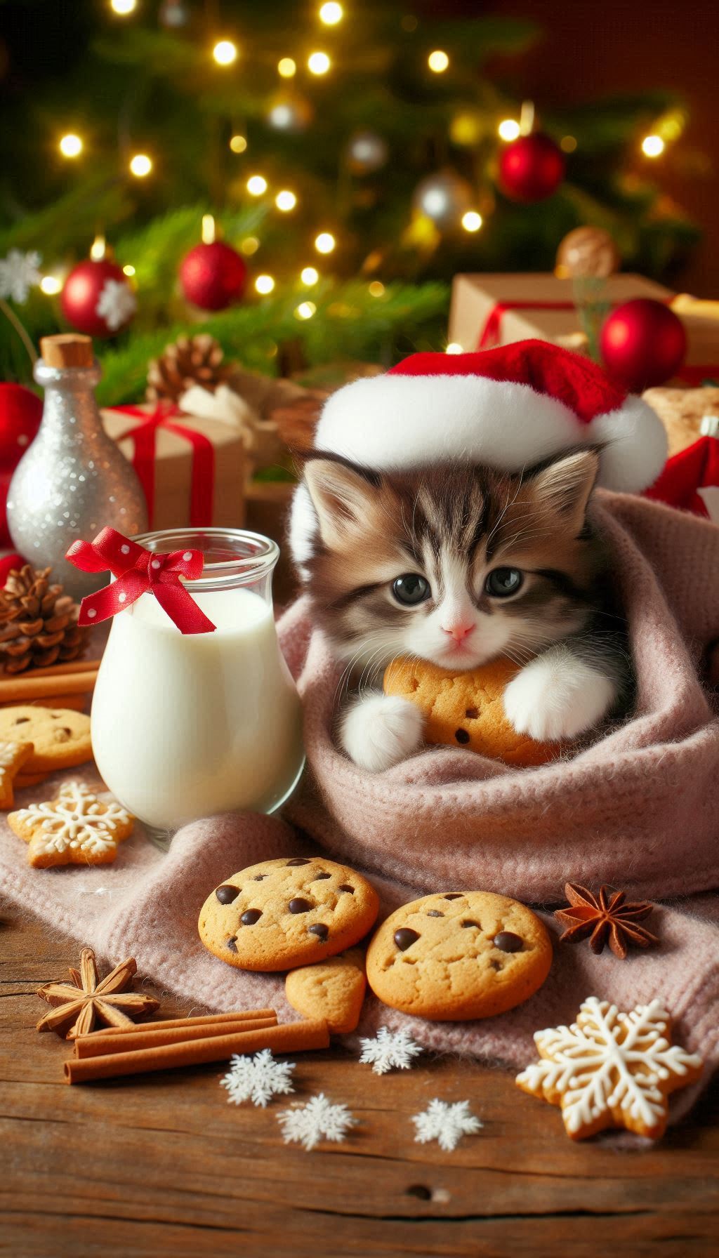 Cuddly Kitten Surrounded by Christmas Cookies and Milk