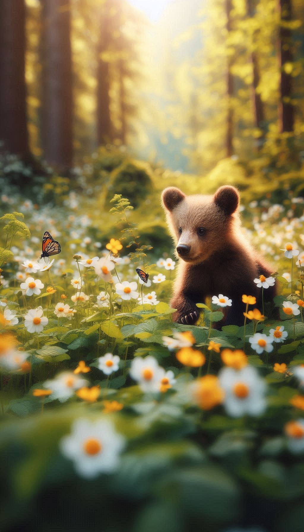 Curious Bear Cub Exploring a Forest Full of Flowers