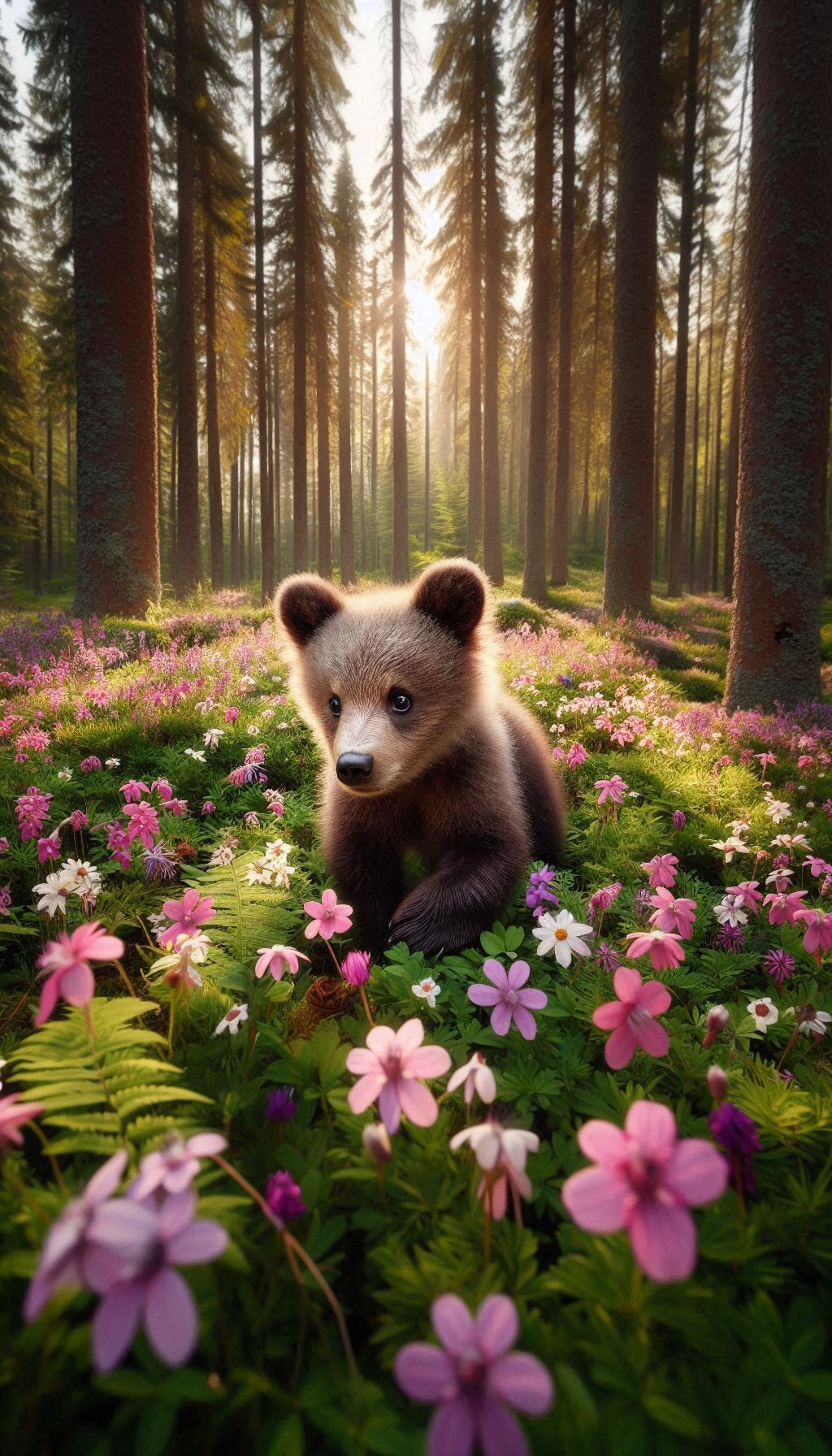 Curious Bear When Exploring a Forest Full of Flowers Photo for Android
