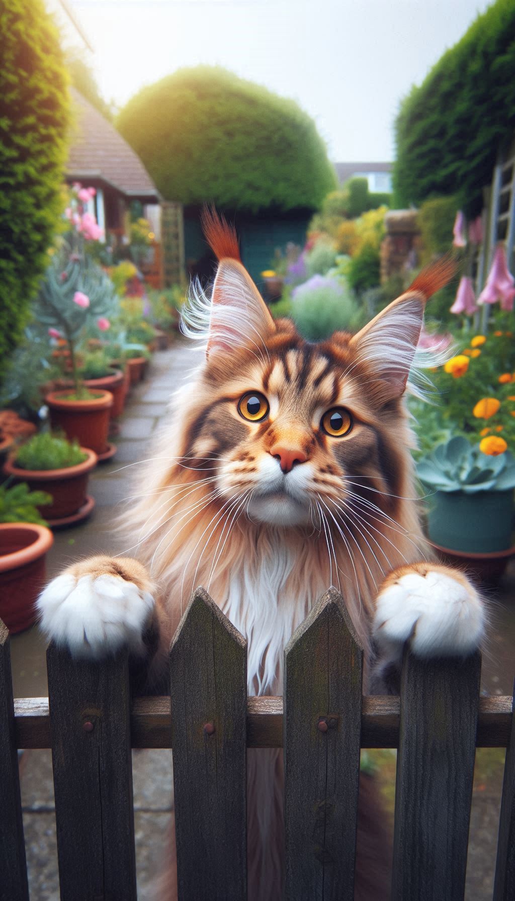 Curious Maine Coon Cat Peeking Through a Garden Gate