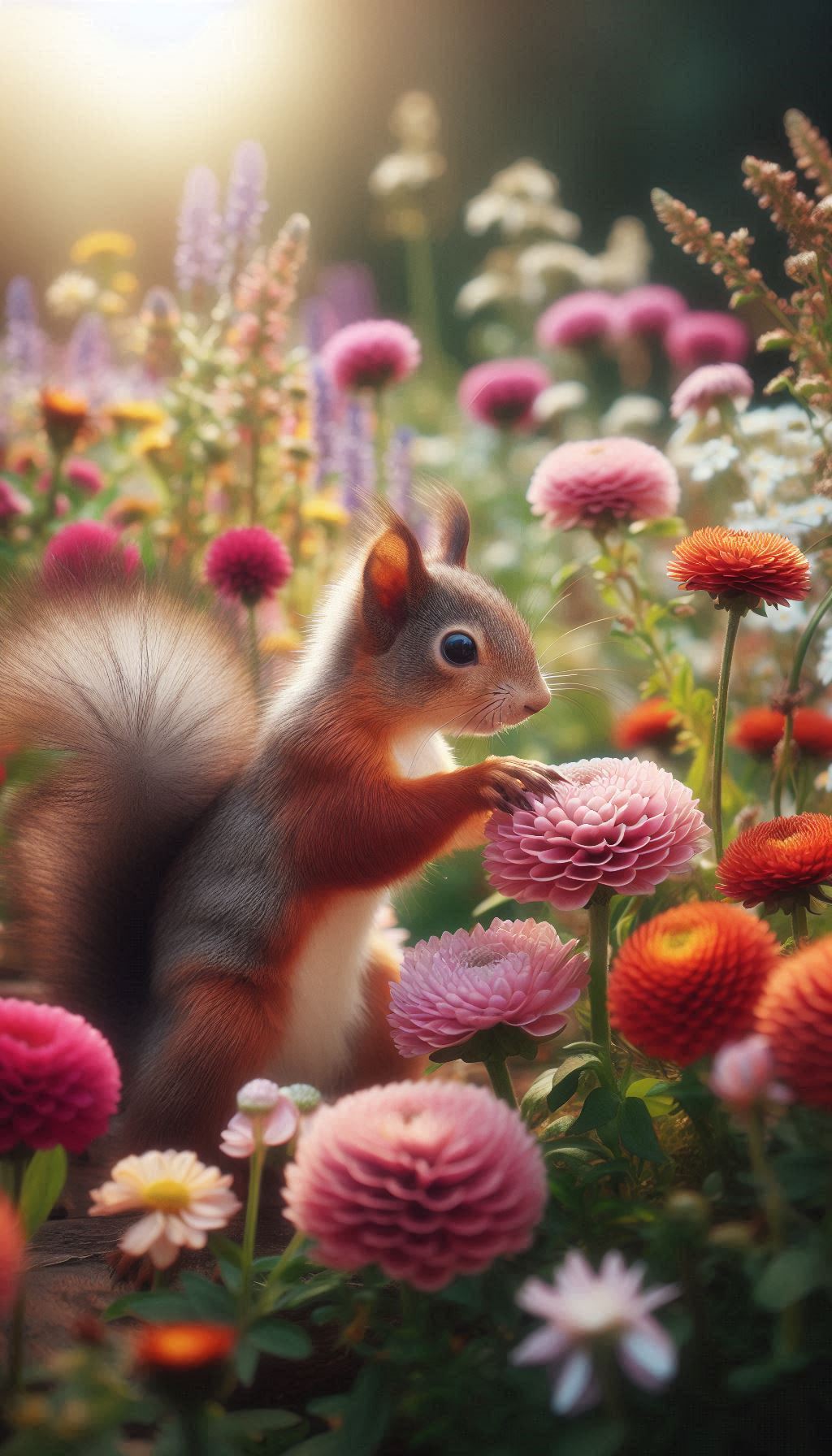 Curious squirrel exploring a garden full of flowers Background for iPhone and Android