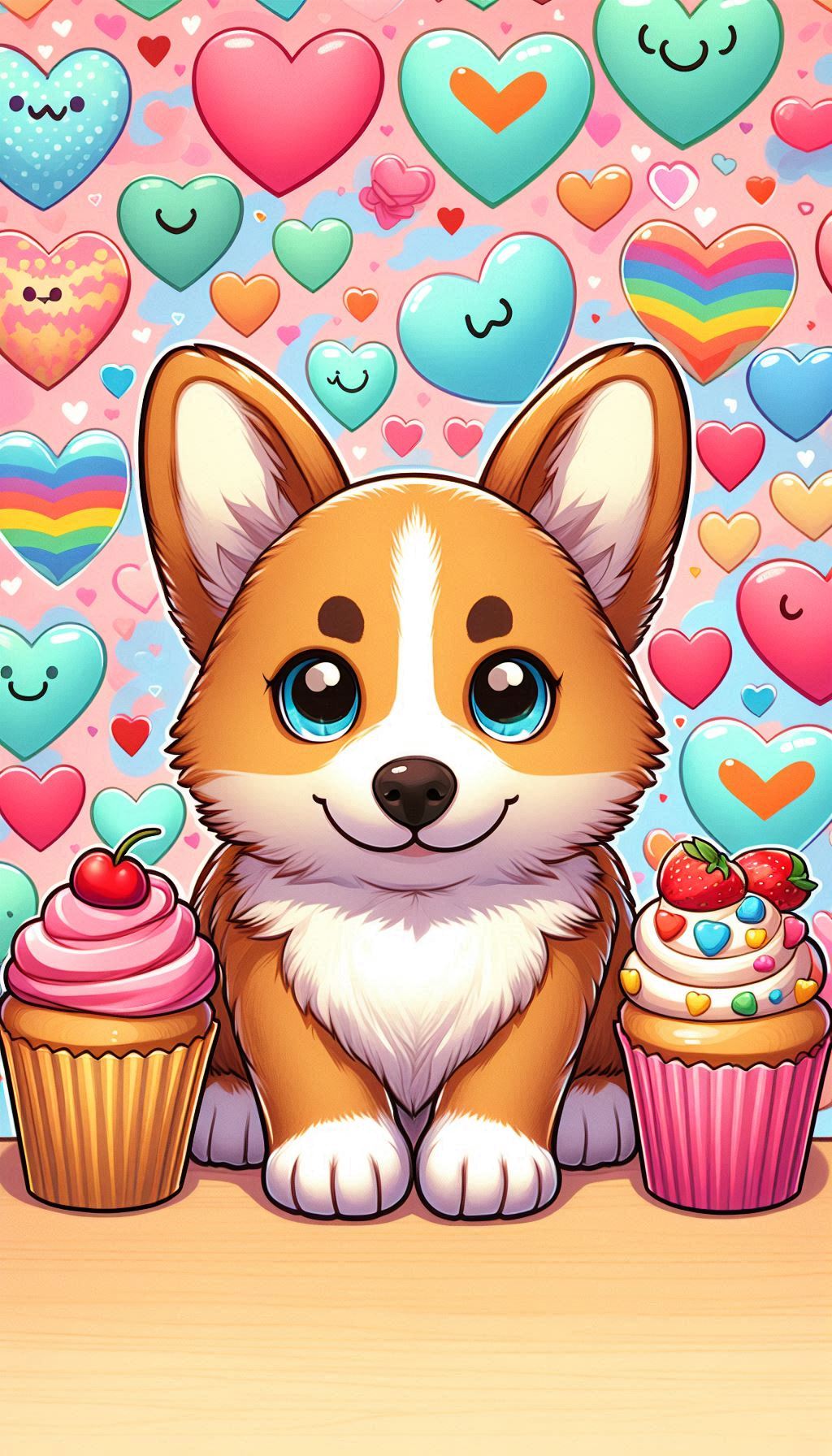 Cute Corgi Surrounded by Colorful Hearts Wallpaper