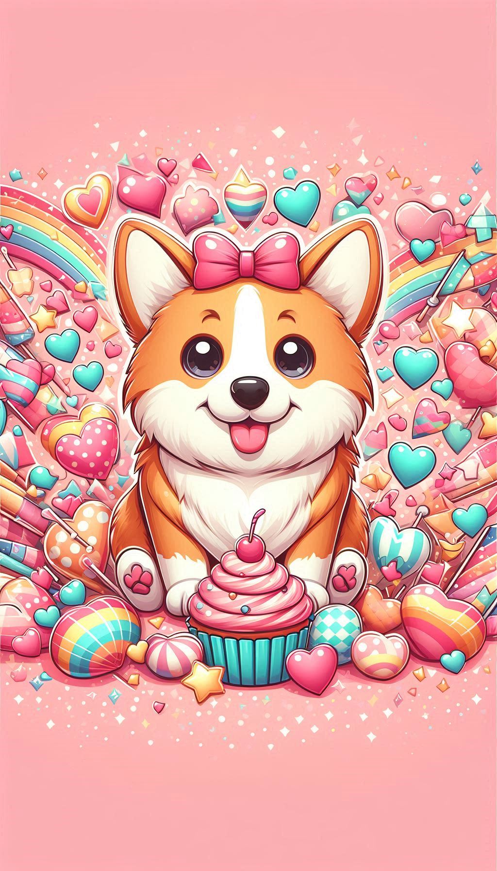 Cute Corgi sitting peacefully surrounded by colorful hearts wallpaper pictures for your mobile