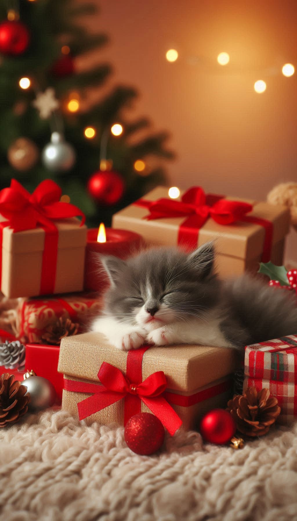 Cute Kitten Sleeping on a Bed of Christmas Gifts