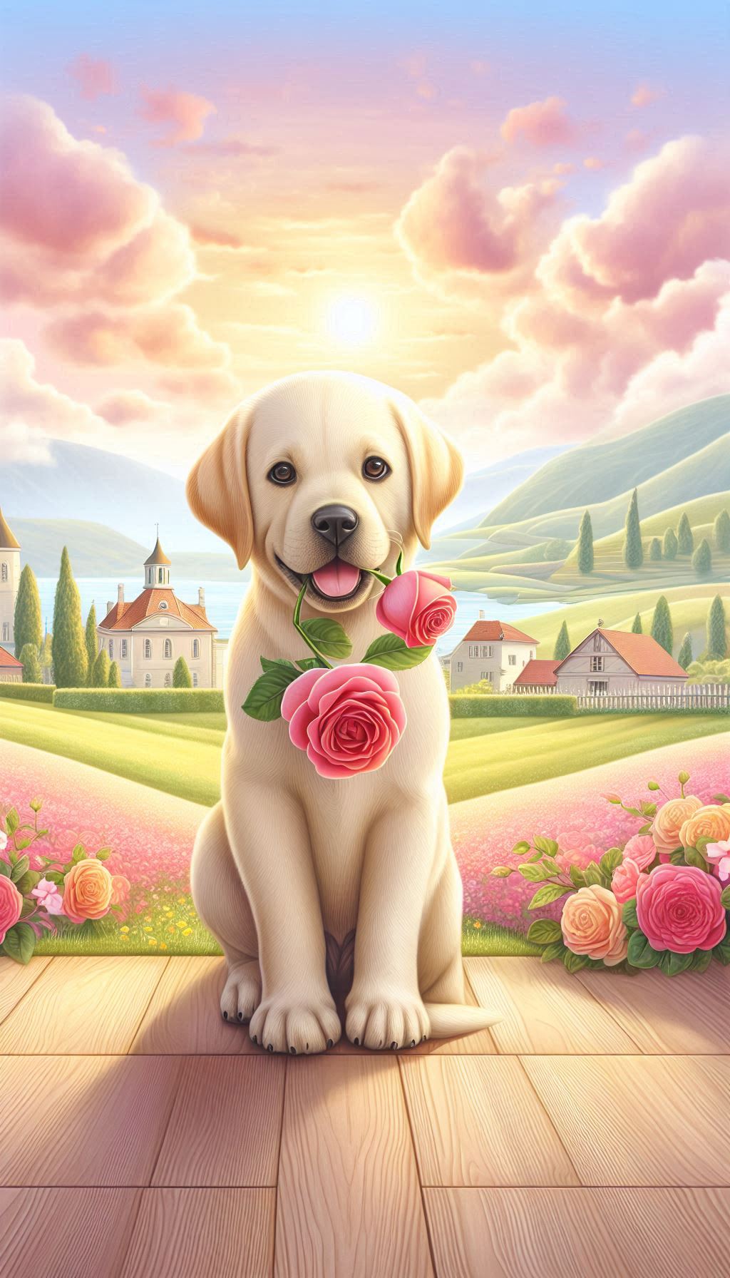 Cute Labrador with a Rose Between Its Teeth in a Dreamy Landscape