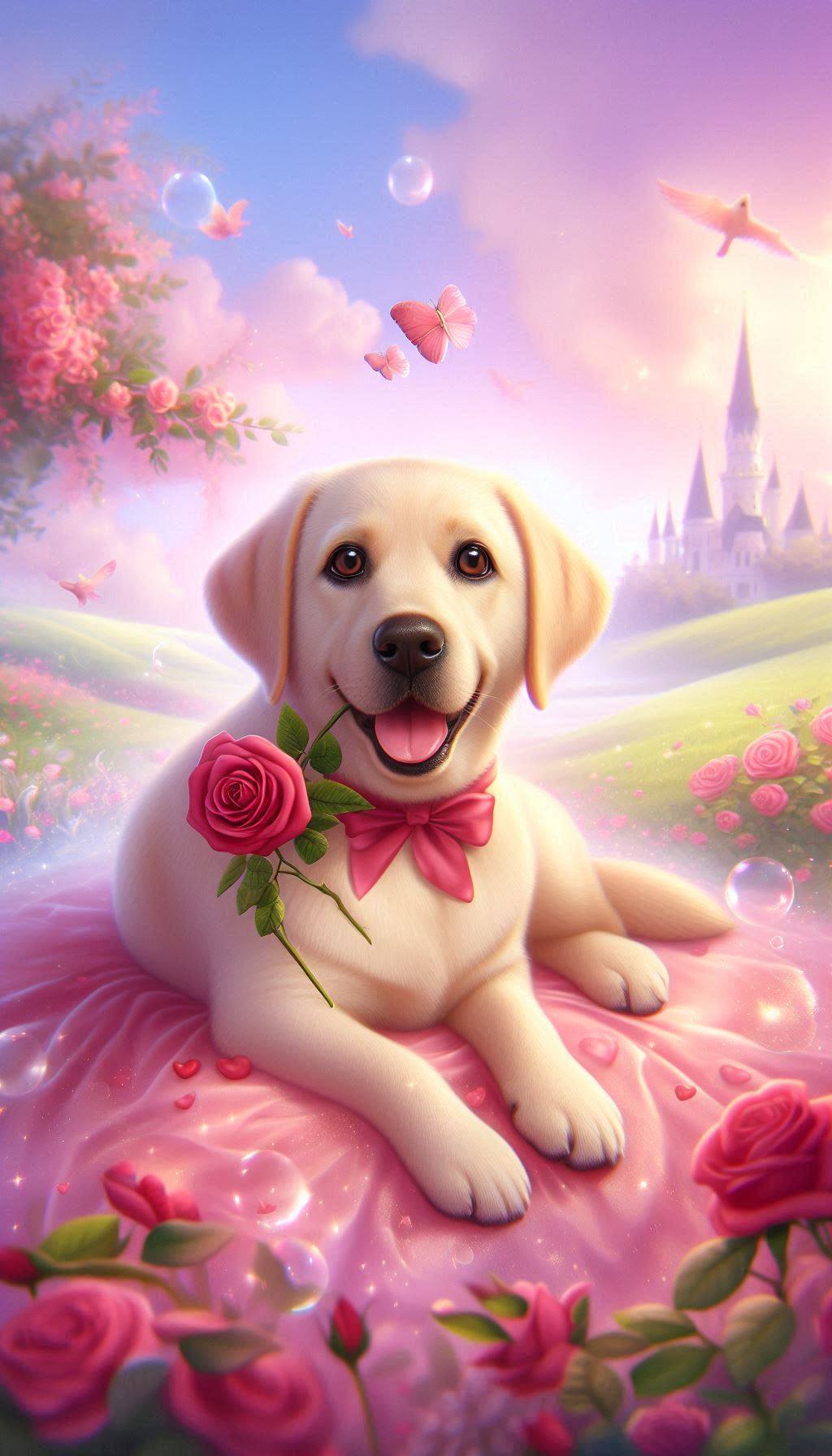 Cute Labrador with a rose between his teeth in a dreamy way wallpaper for Android and iPhone