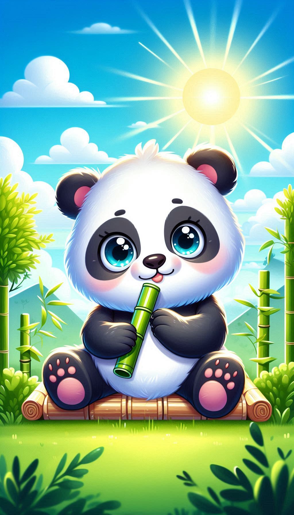 Cute Panda Eating Bamboo Under a Sunny Sky Cheerful Art Wallpaper