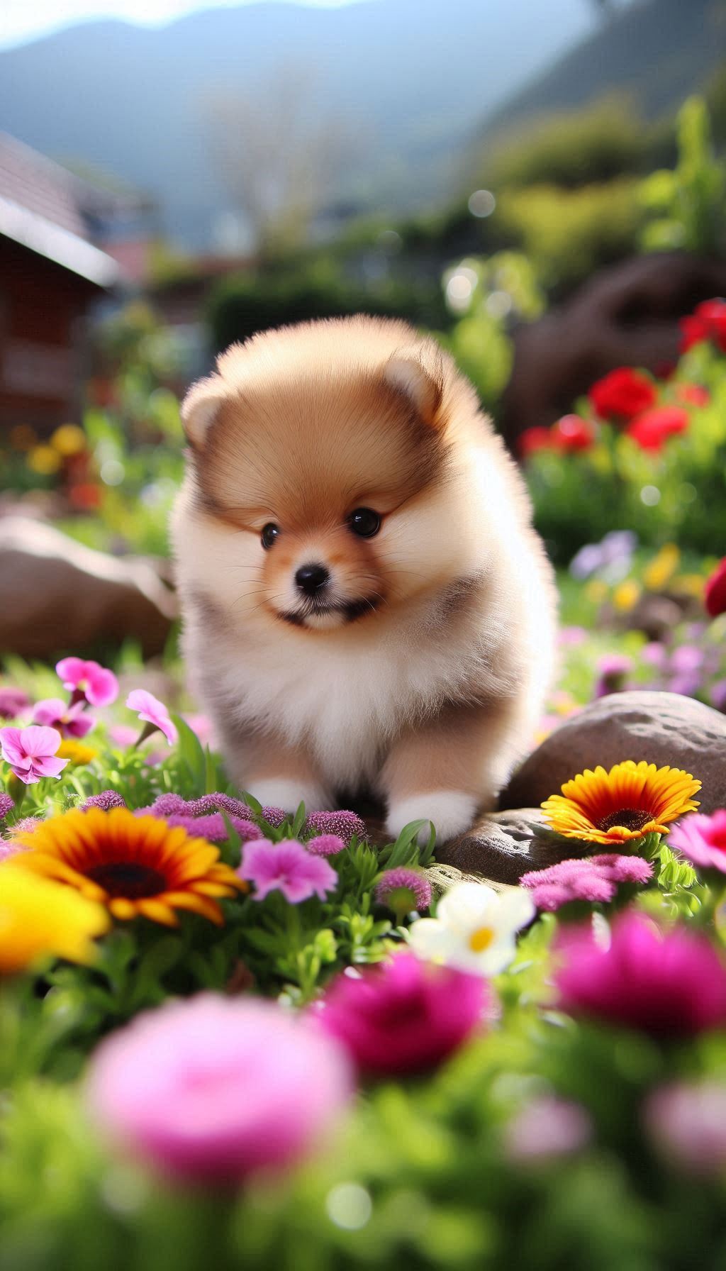 Cute Spitz Puppies Exploring a Flower Garden (2)