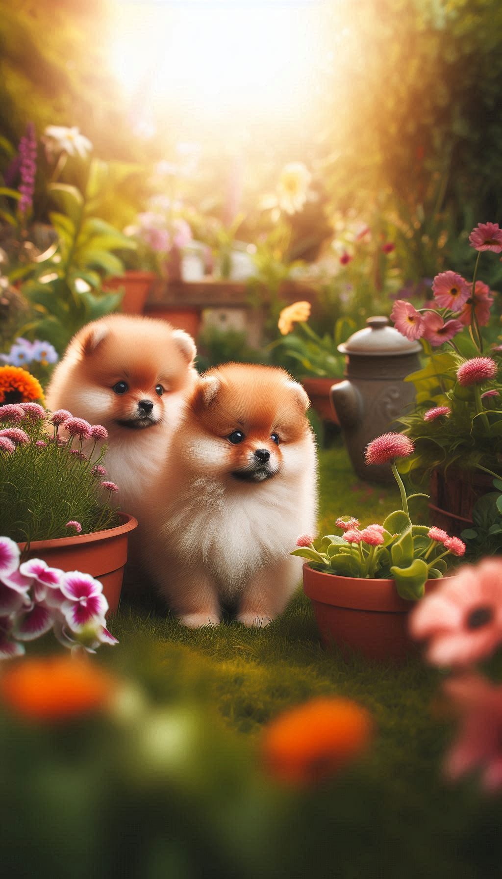 Cute Spitz Puppies Exploring a Flower Garden