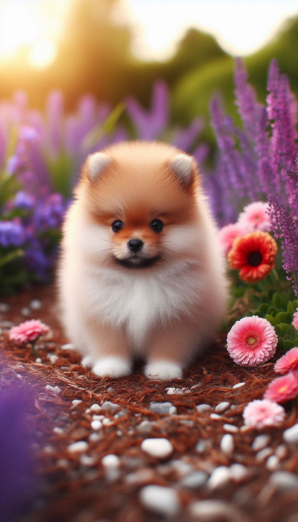 Cute Spitz puppies exploring a flower garden mobile wallpaper HD