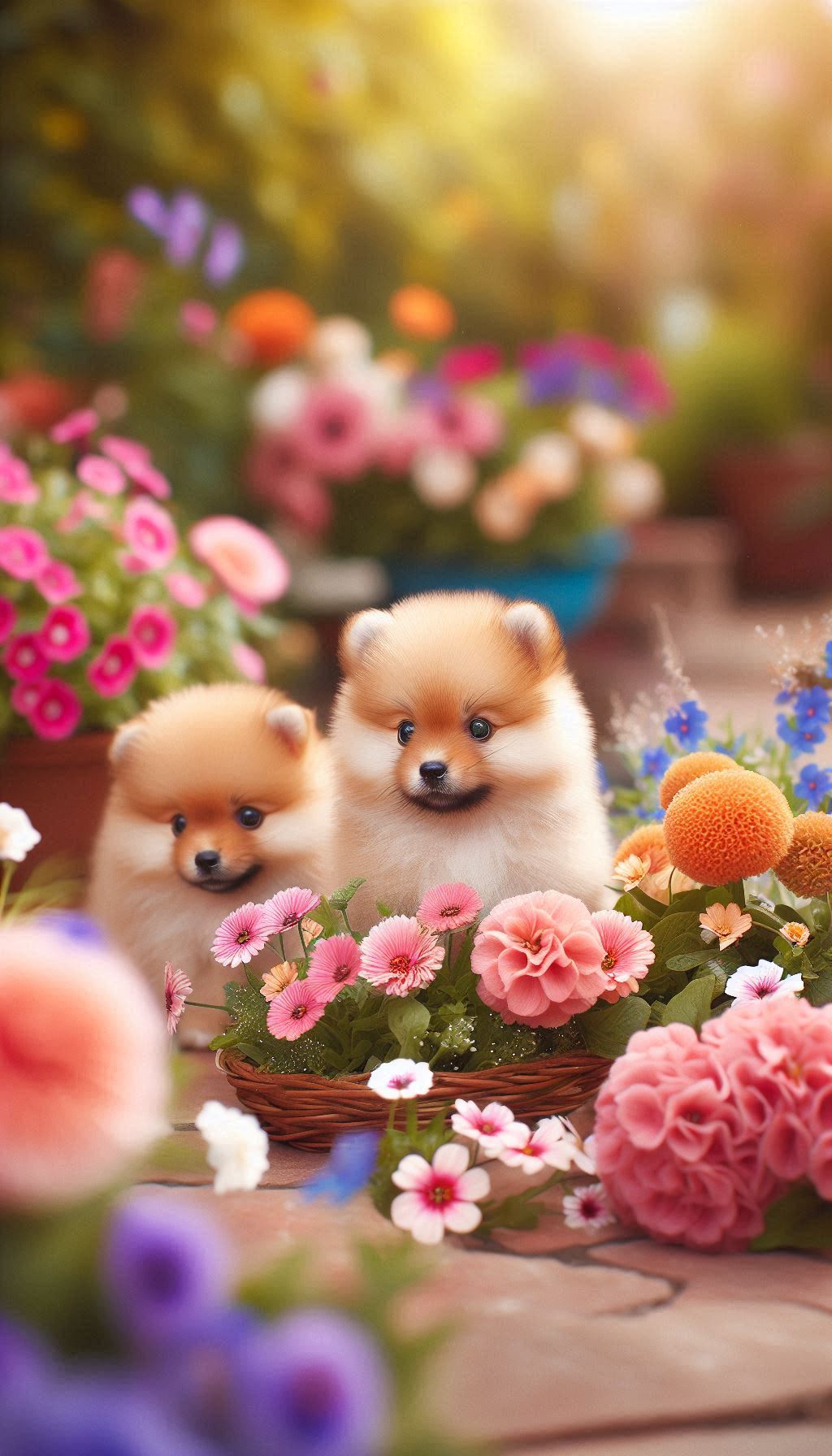 Cute Spitz puppies exploring flower garden image for mobile