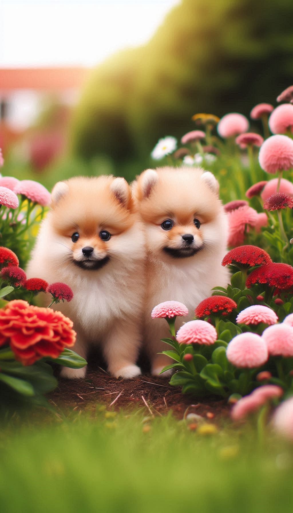 Cute Spitz puppies exploring the flower garden wallpaper for your iPhone