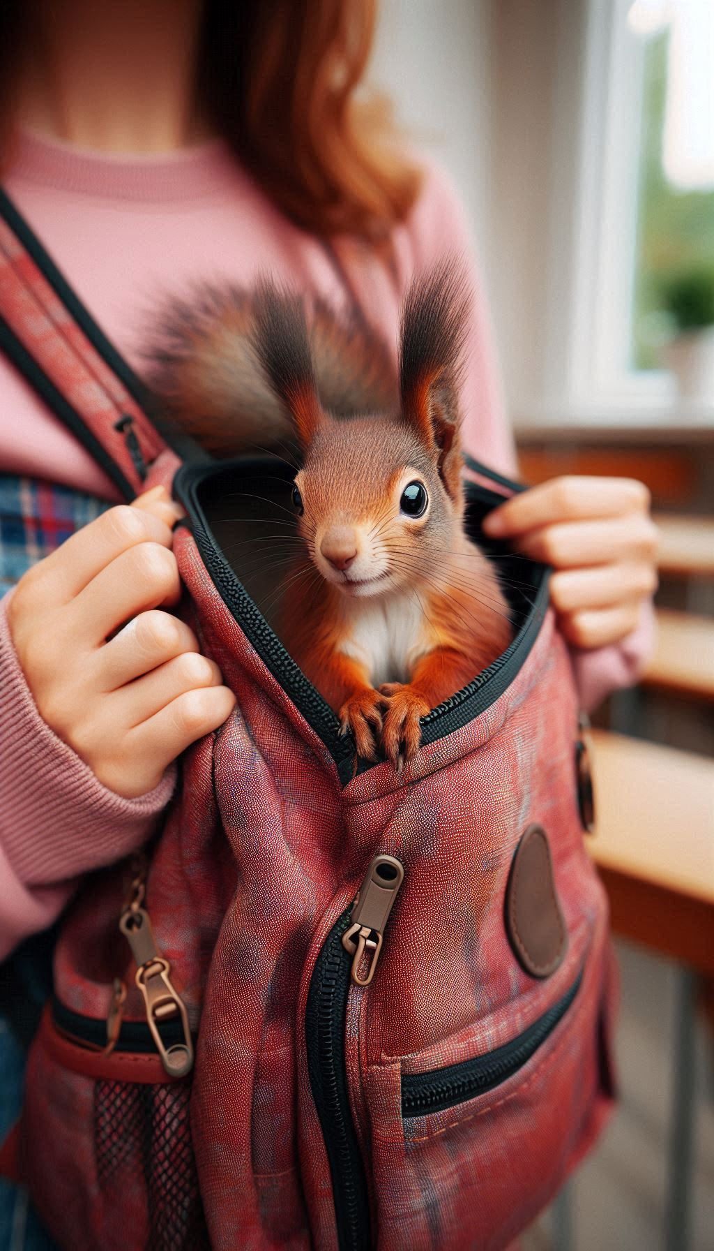Cute Squirrel Peeking Out of a Backpack in Mischief