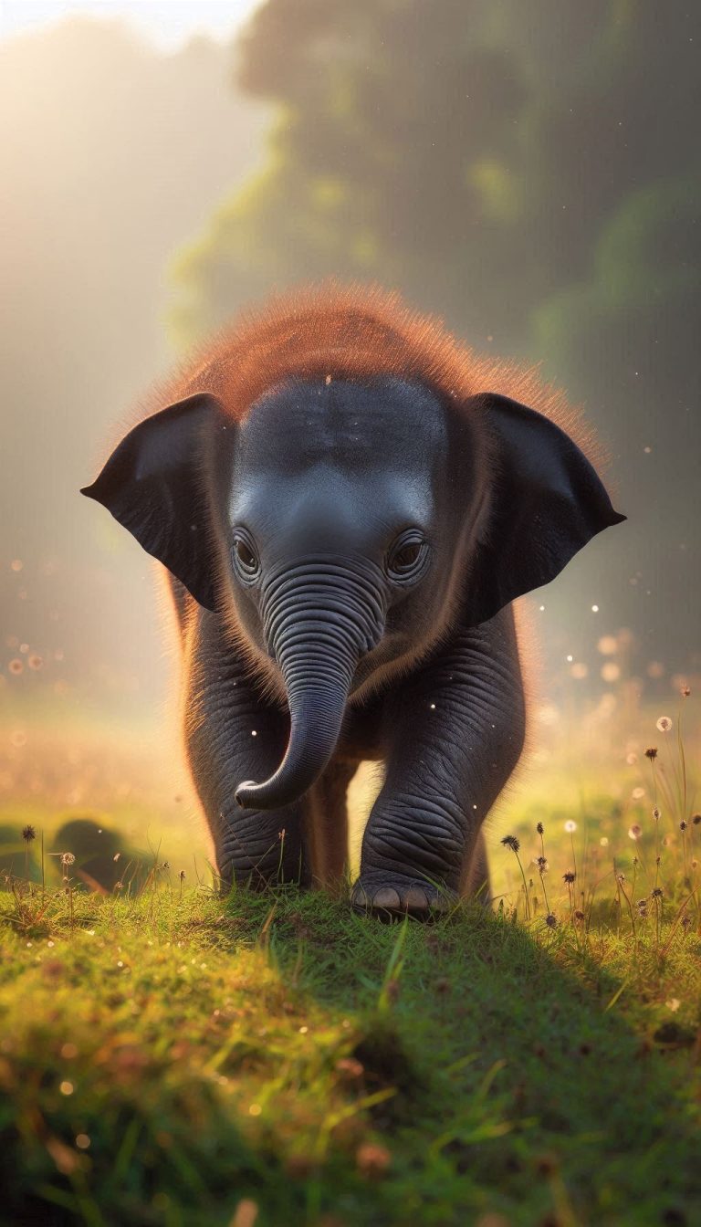 Cute baby elephant playing in a sunlit grassland HD wallpaper for mobile