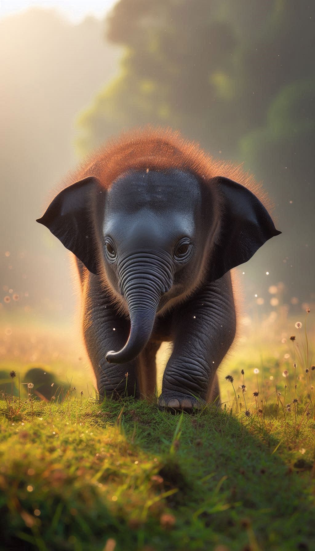 Cute baby elephant playing in a sunlit grassland HD wallpaper for mobile