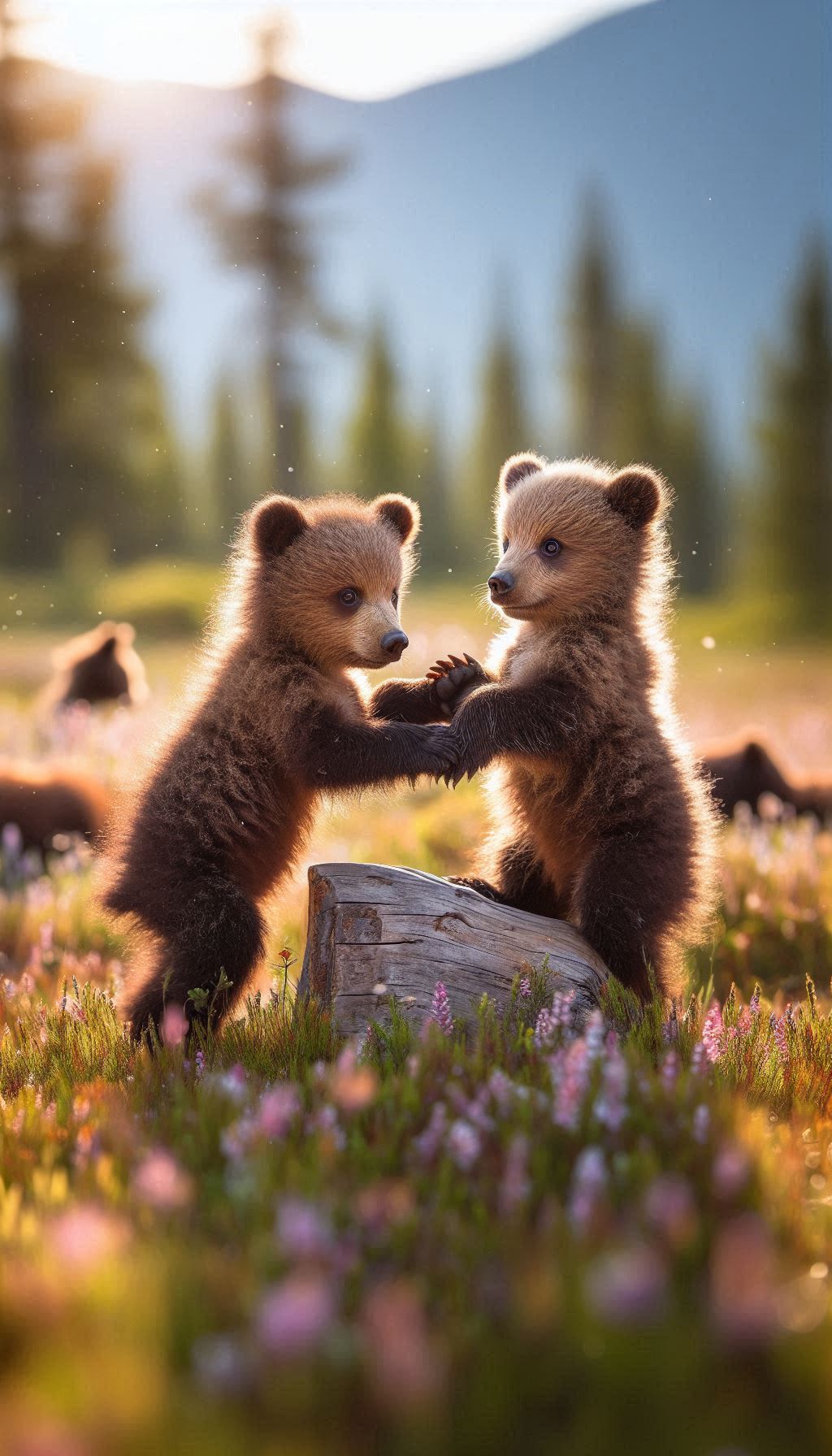 Cute bear cubs playing in a sunny meadow HD mobile wallpaper for iPhone