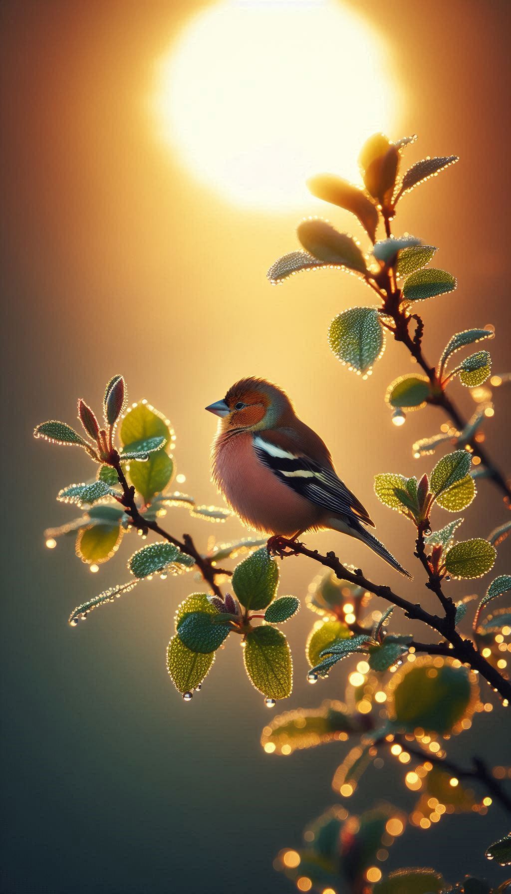 Cute bird sitting quietly on the branch with dew wet leaves at dawn Photos for your mobile