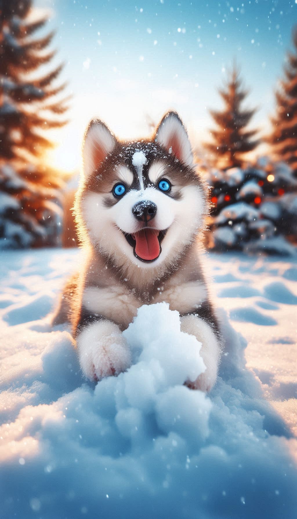 Cute blue eyed Husky enjoying snowball fight in winter for your mobile wallpaper
