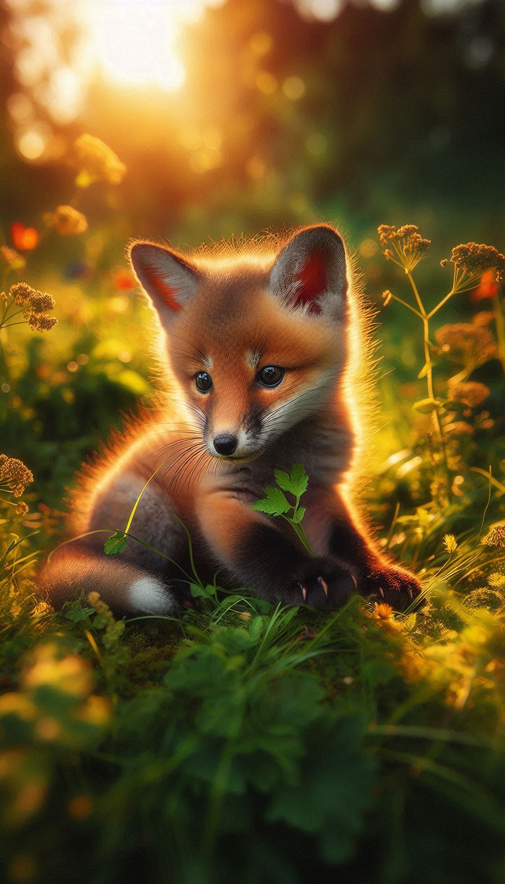 Cute fox cub sitting peacefully in a sunlit meadow wallpaper image for your mobile