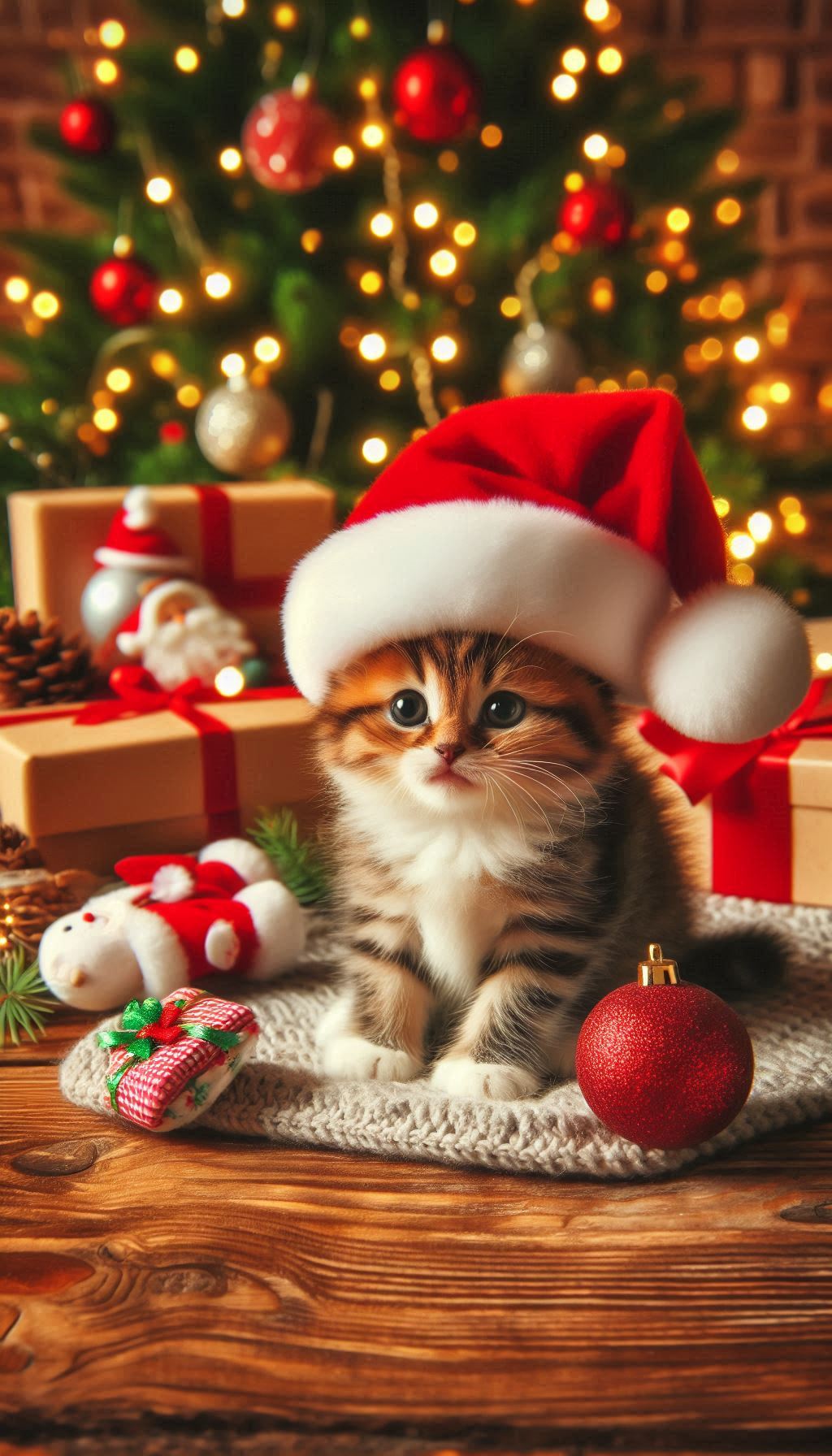 Cute kitten image with bee sitting with Santa and Christmas tree digital background