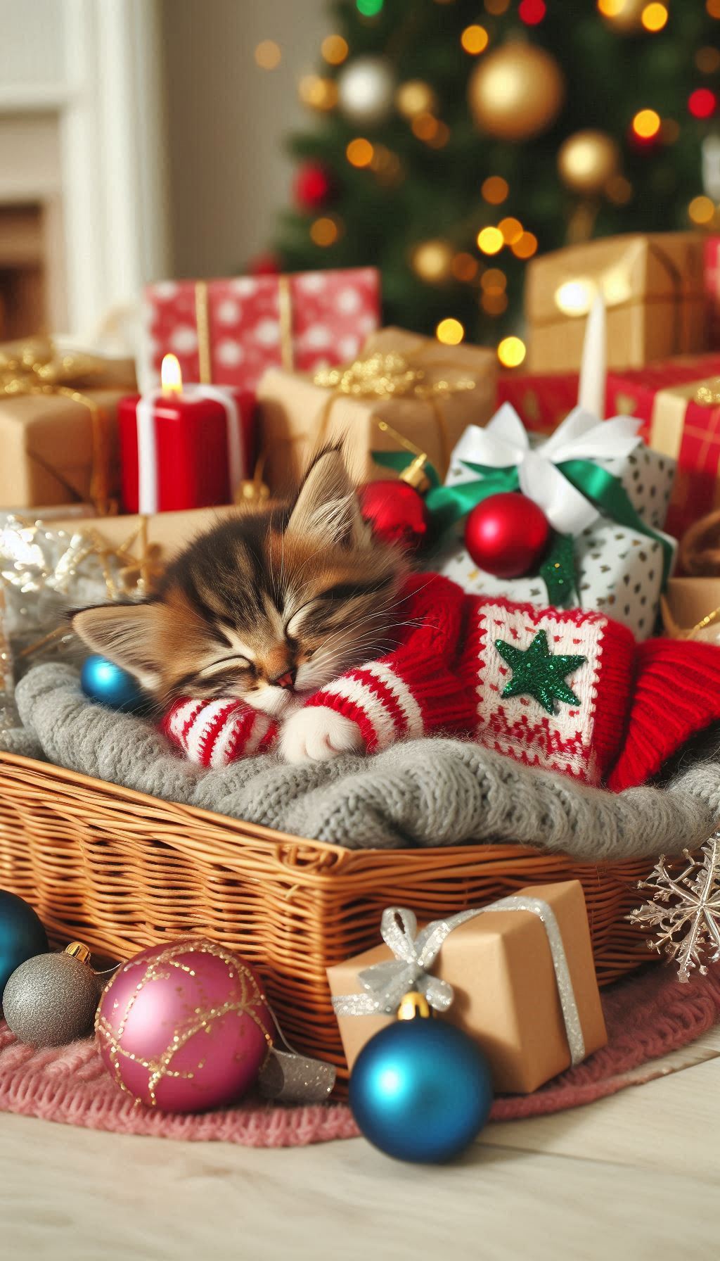 Cute kitten sleeping on a bed of Christmas gifts HD wallpaper for Android