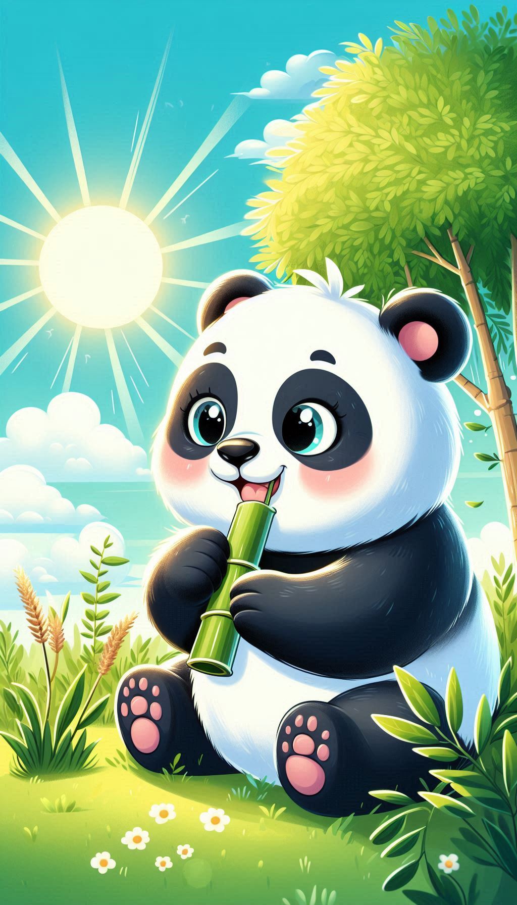 Cute panda eating bamboo under the sunny sky, happy art wallpaper for your mobile