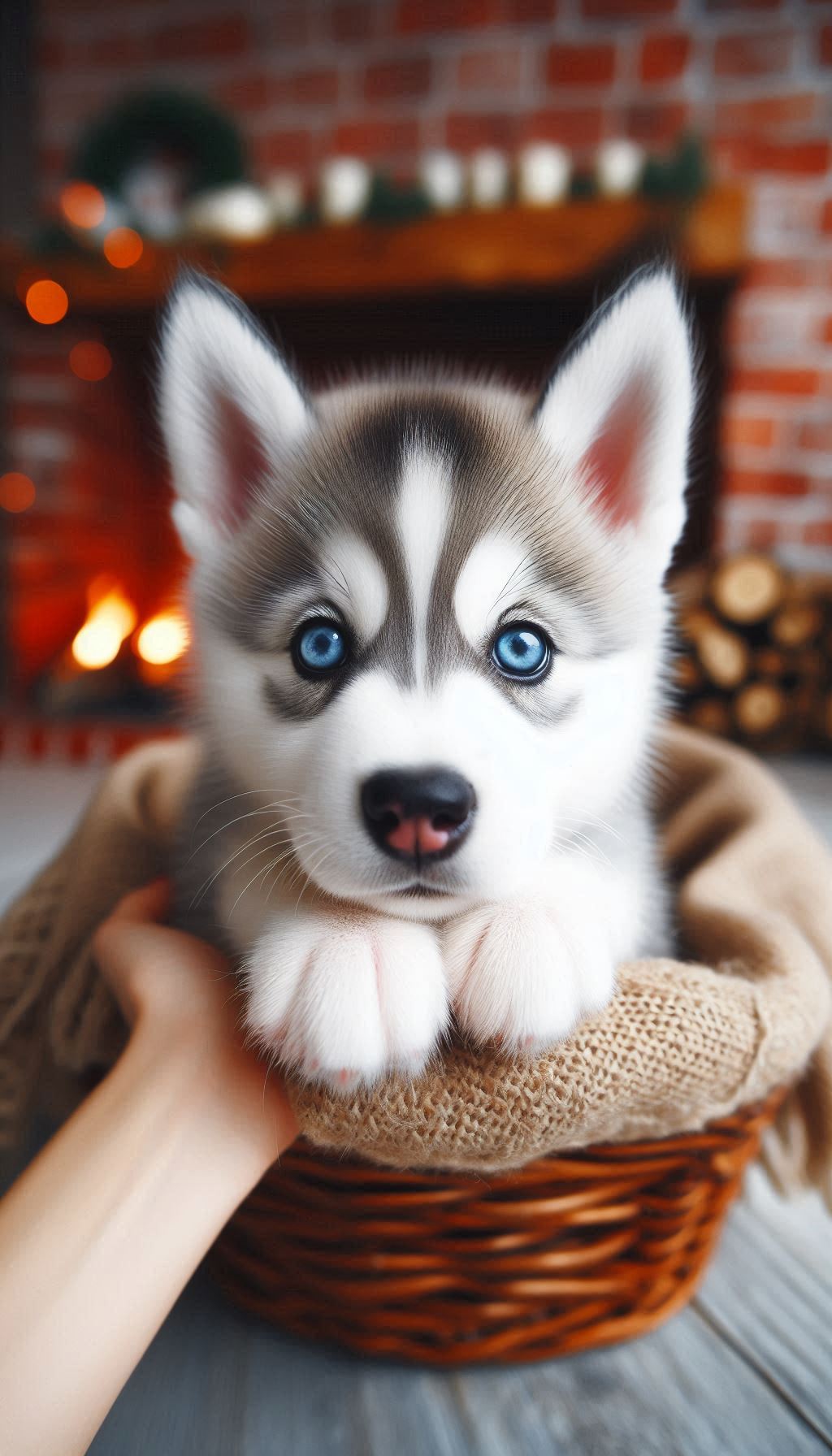 Cute puppy portrait with bright blue eyes background for mobile