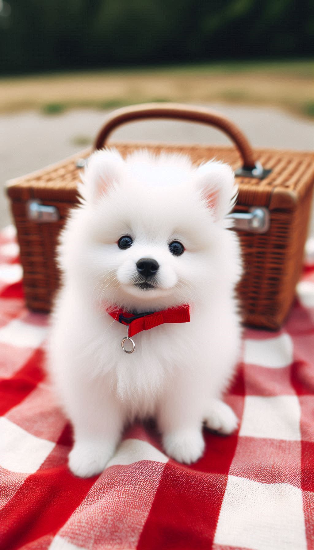 Cute white spitz puppy with bright red collar wallpaper for iPhone