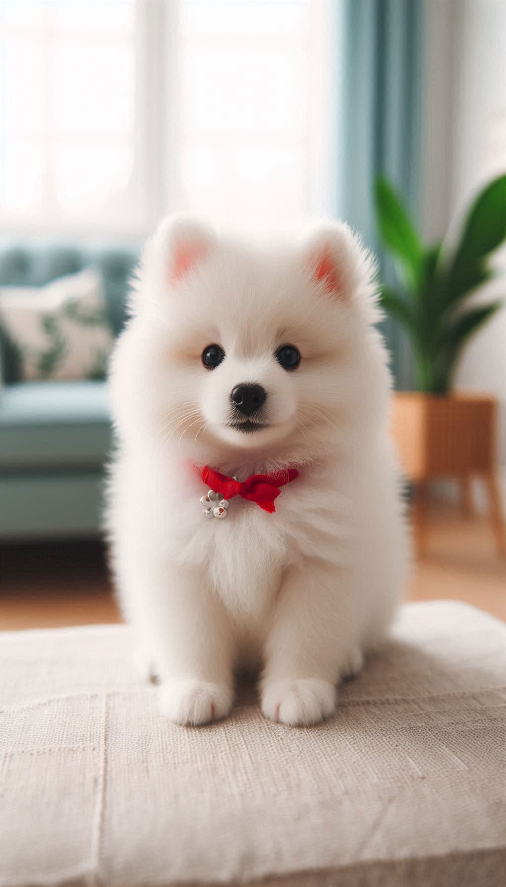 Cute white spitz puppy with red collar wallpaper for iphone