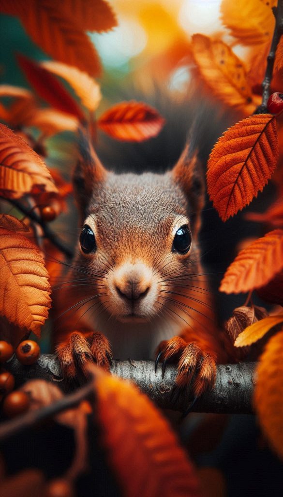 Dark eyes of a squirrel among falling leaves wallpaper for iPhone