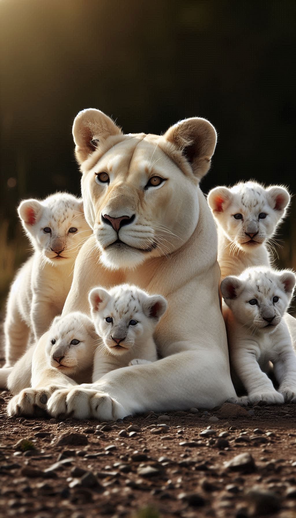 Dazzling White Lioness with Her Cubs Playing in the Wild
