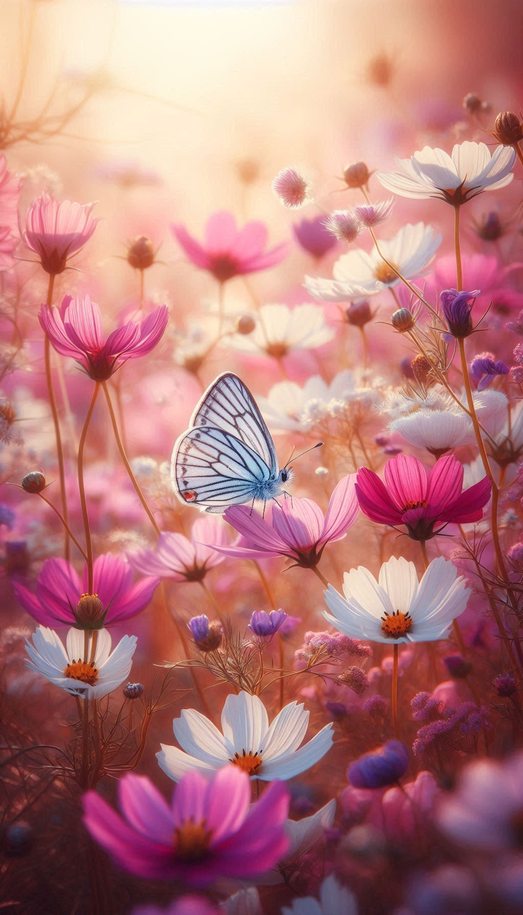 Delicate Idiopsis Gaura butterfly among vibrant wild flowers wallpaper photos for your mobile