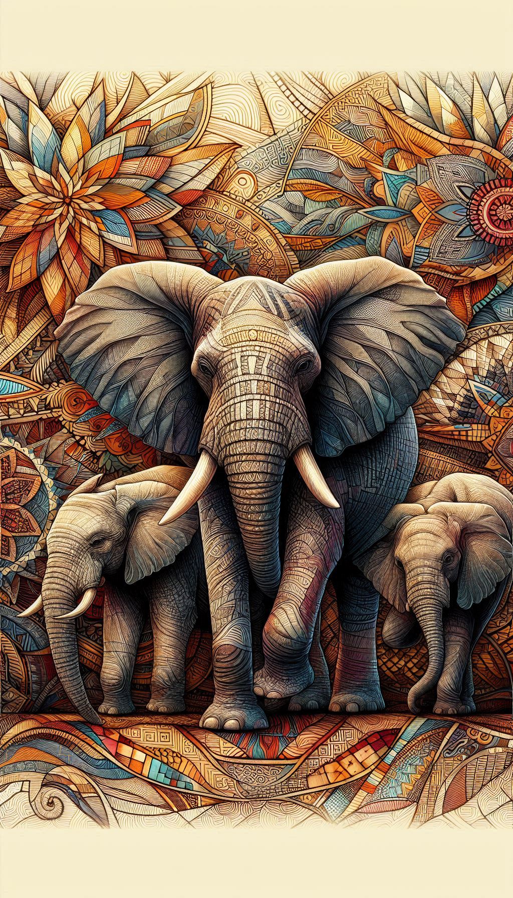 Detailed Artistic Illustration of Elephants Against African Patterns Wallpaper