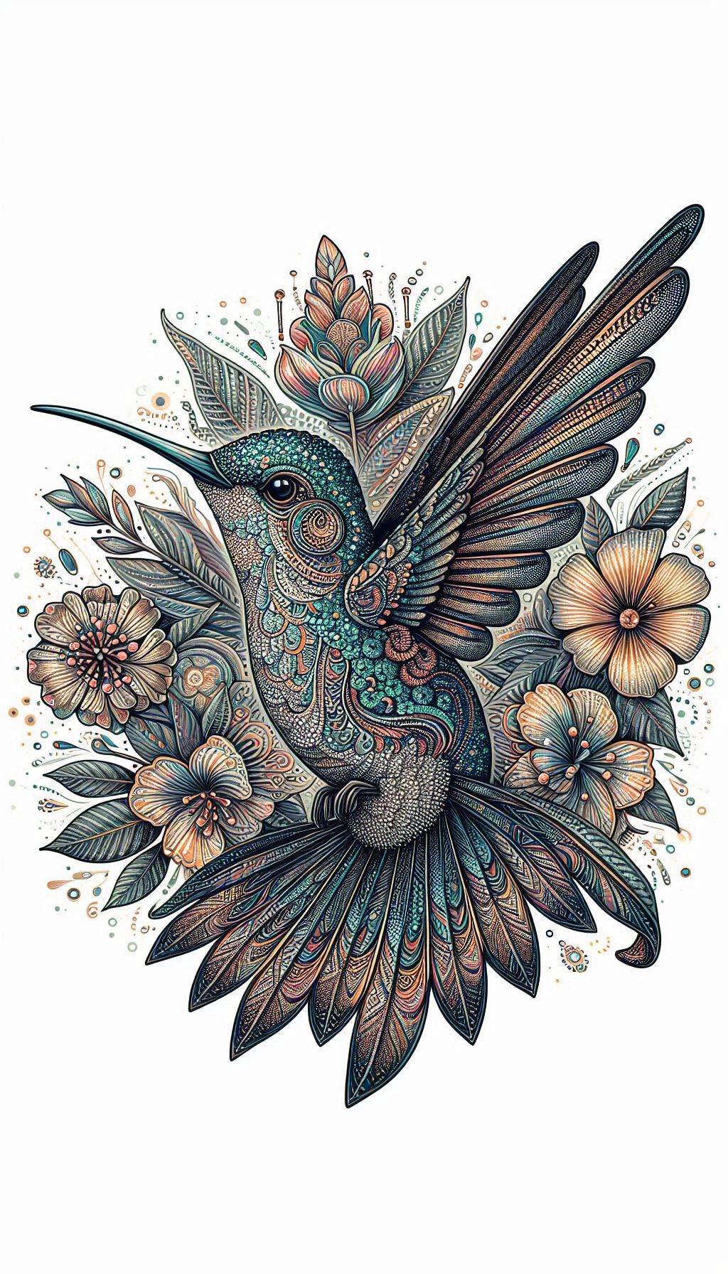 Detailed Illustration of a Speckled Hummingbird with Radiant Patterns