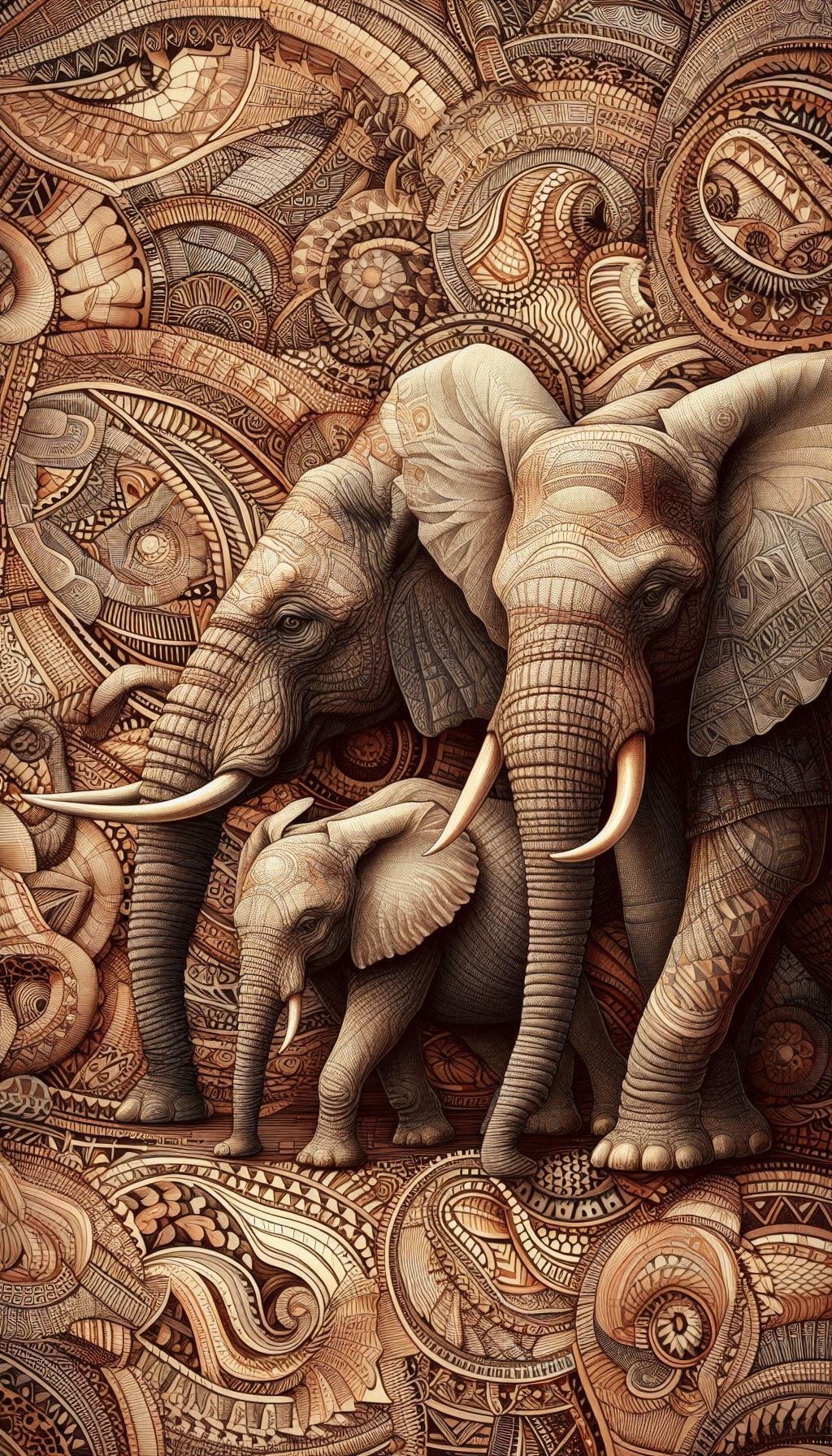 Detailed artistic photo of elephants against African patterns as smartphone wallpaper