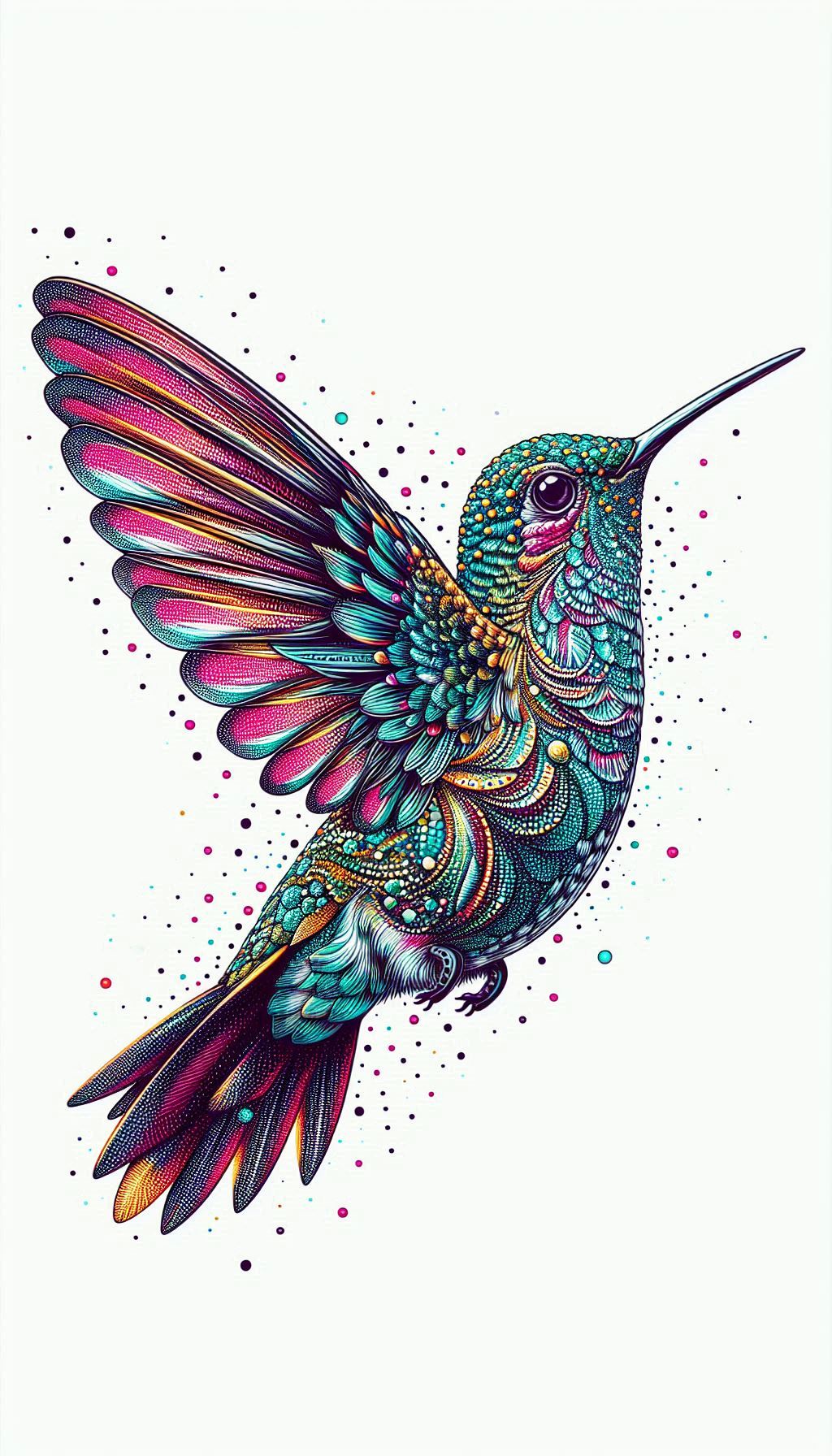 Detailed illustration of a spotted hummingbird with bright pattern background for iPhone and Android