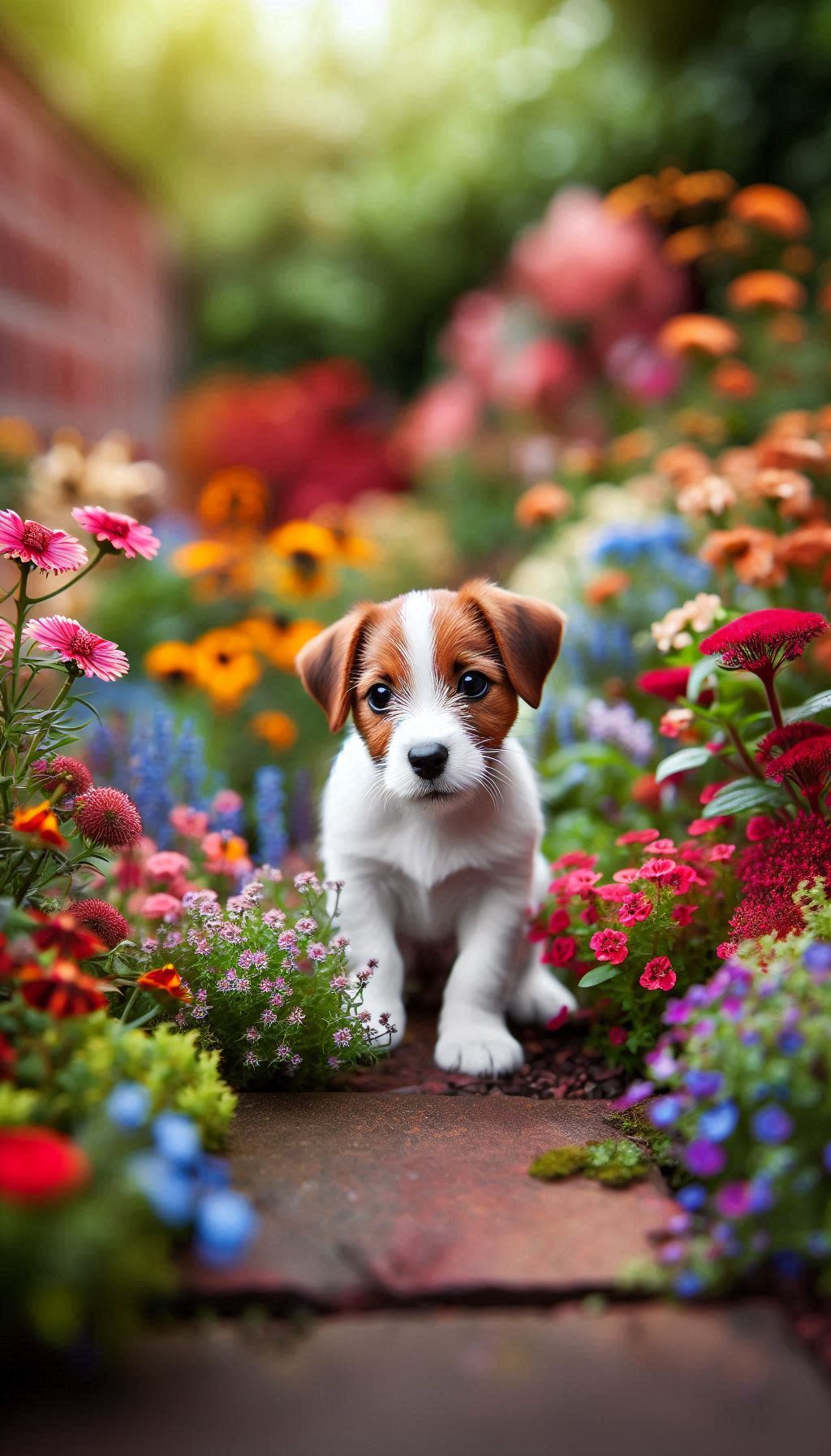 Digital Background Russell puppy roaming in a colorful garden