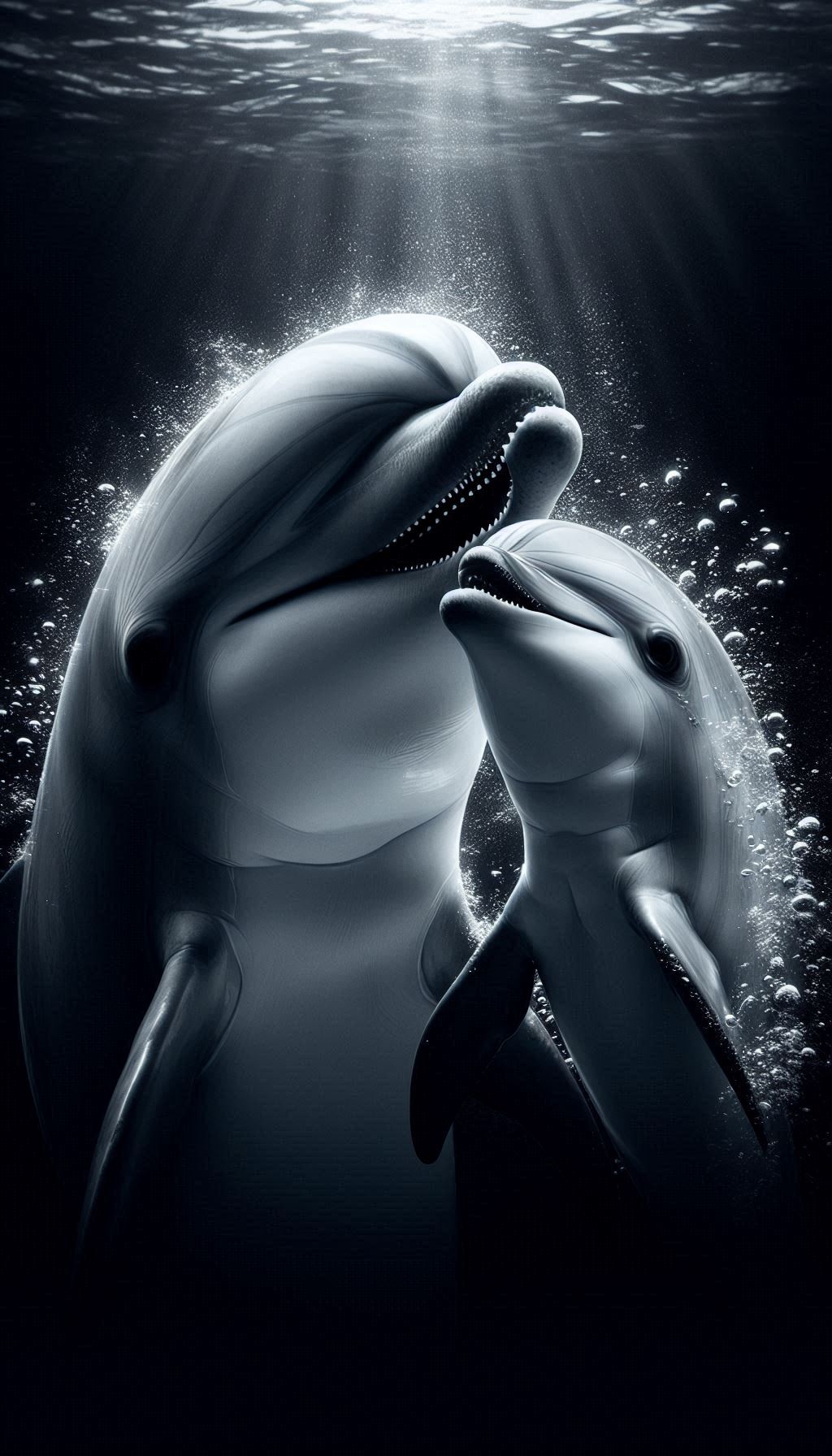 Dolphin Family Love Close-Up of Mother and Baby Interacting Wallpaper