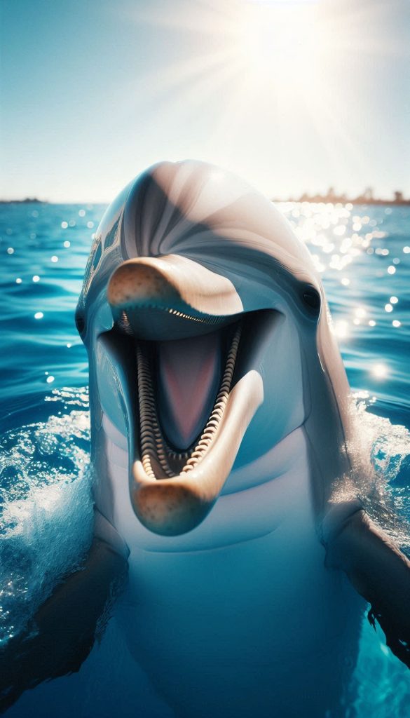Dolphins smiling in the sunlight, family-friendly close-up, mobile wallpaper