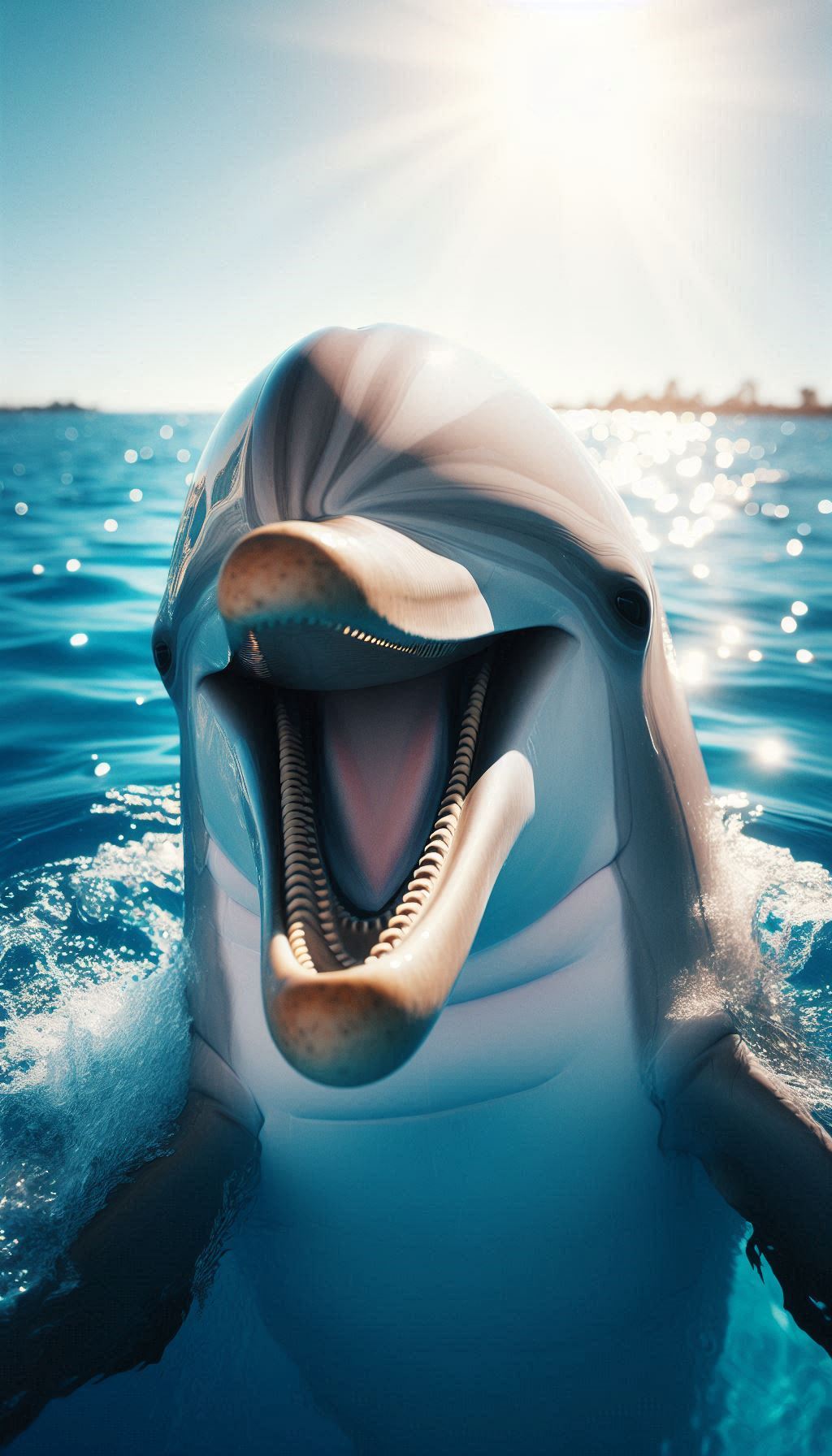 Dolphins smiling in the sunlight, family-friendly close-up, mobile wallpaper