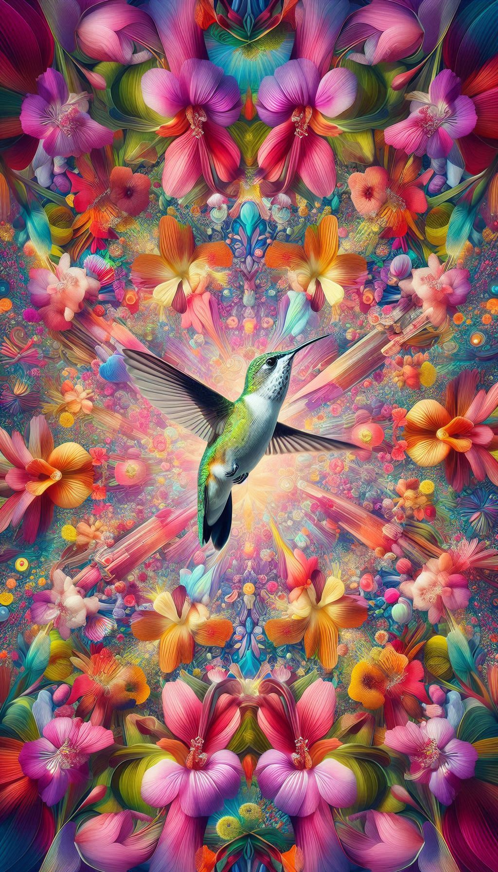 Download Calliope Hummingbird mobile wallpaper flying over a kaleidoscope of colorful flora