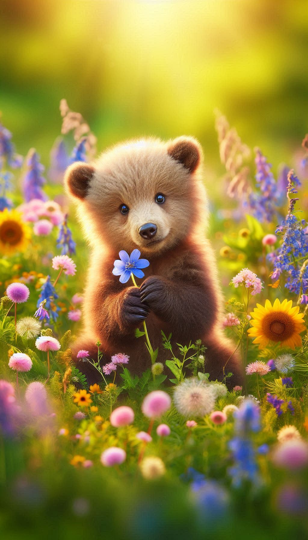 Download cute baby bear mobile wallpaper playing in a field of wild flowers