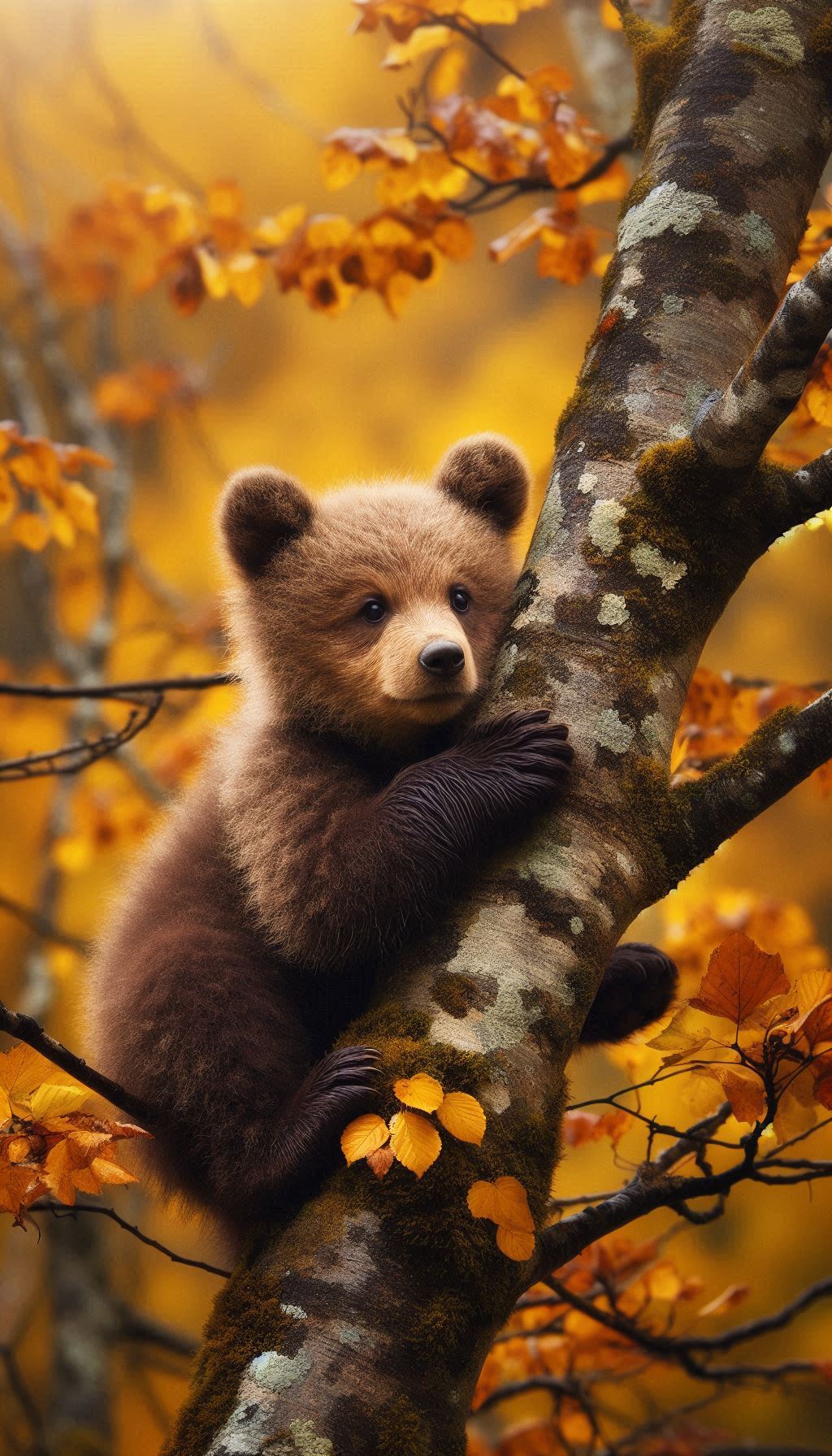 Download cute bear cub mobile wallpaper climbing a tree in autumn colors