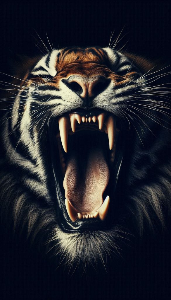 Dramatic Close-Up of a Tiger's Mouth Showing Sharp Teeth Wallpaper