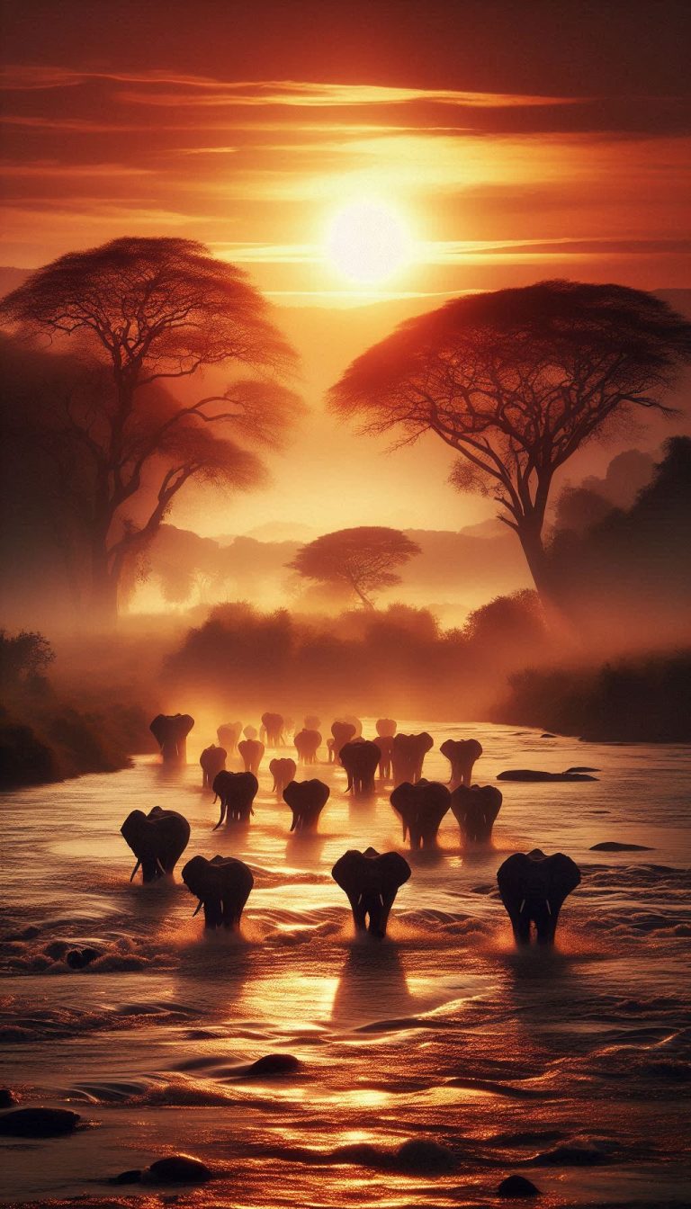 Dramatic Elephant Herd Crossing a River at Sunrise