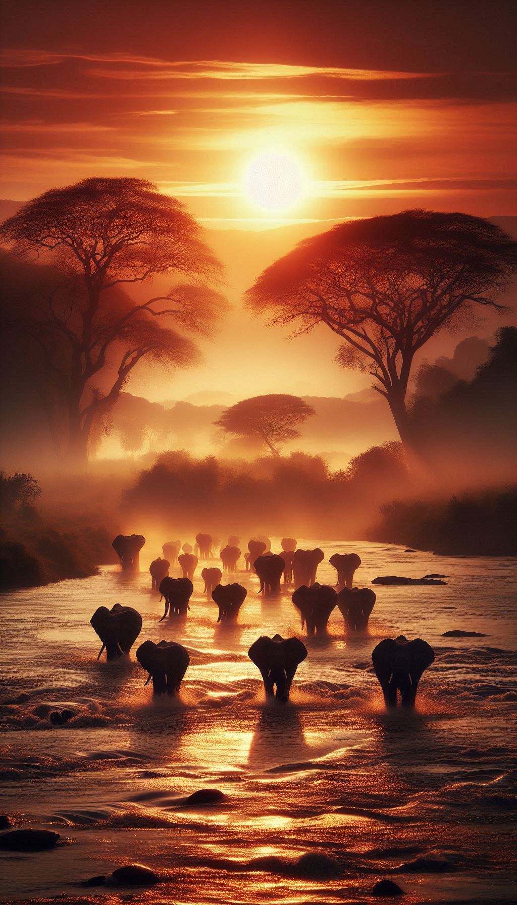 Dramatic Elephant Herd Crossing a River at Sunrise