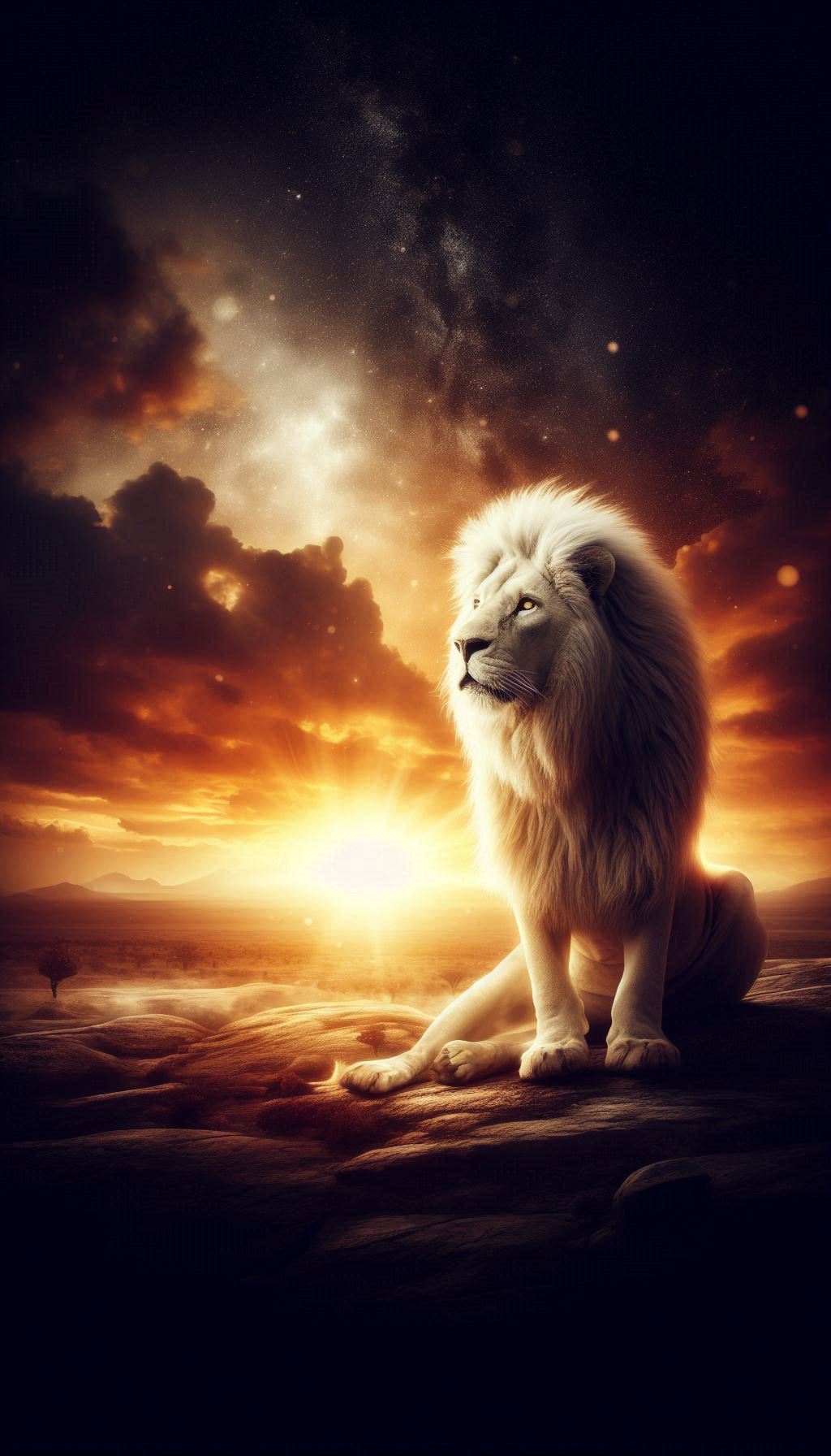 Dramatic Image of a White Lion Against a Golden Sunset