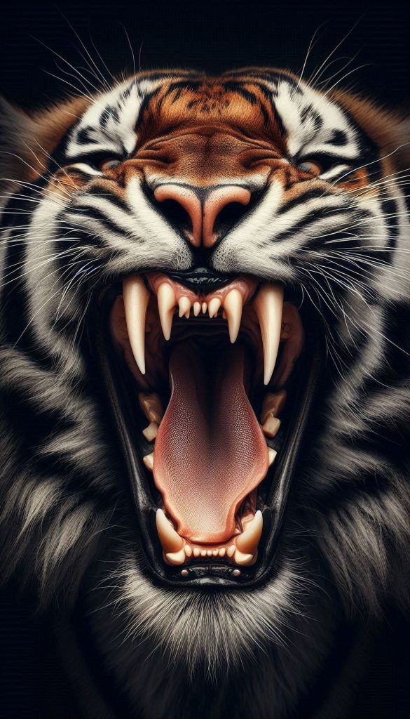 Dramatic close-up of a tiger's mouth showing its huge teeth - mobile wallpaper