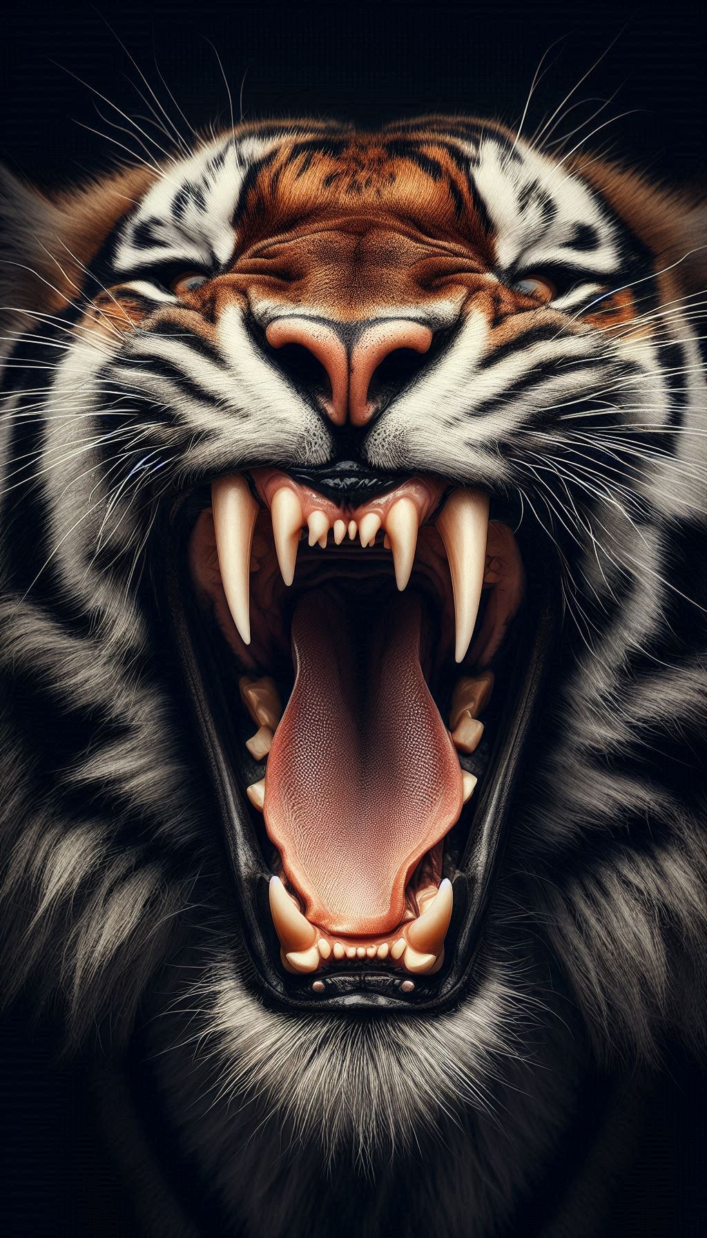 Dramatic close-up of a tiger's mouth showing its huge teeth - mobile wallpaper
