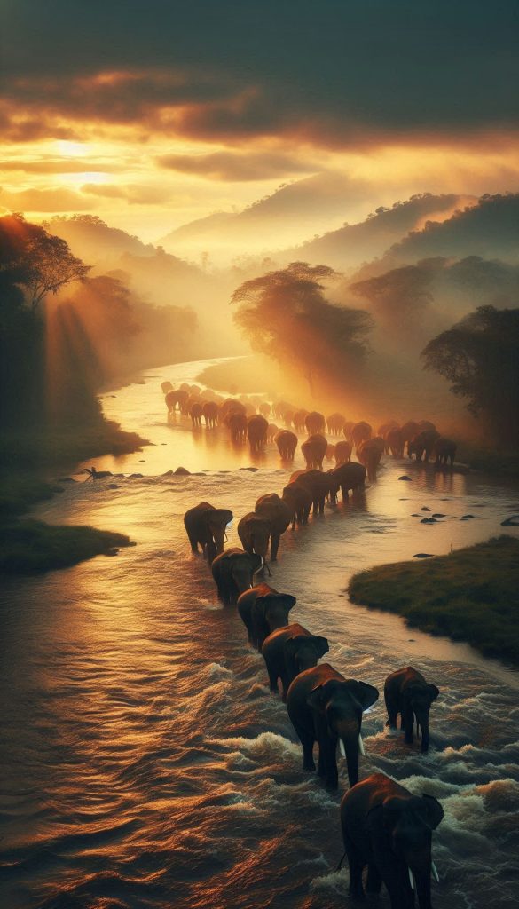 Dramatic line of elephants crossing the river at sunrise, image for your phone